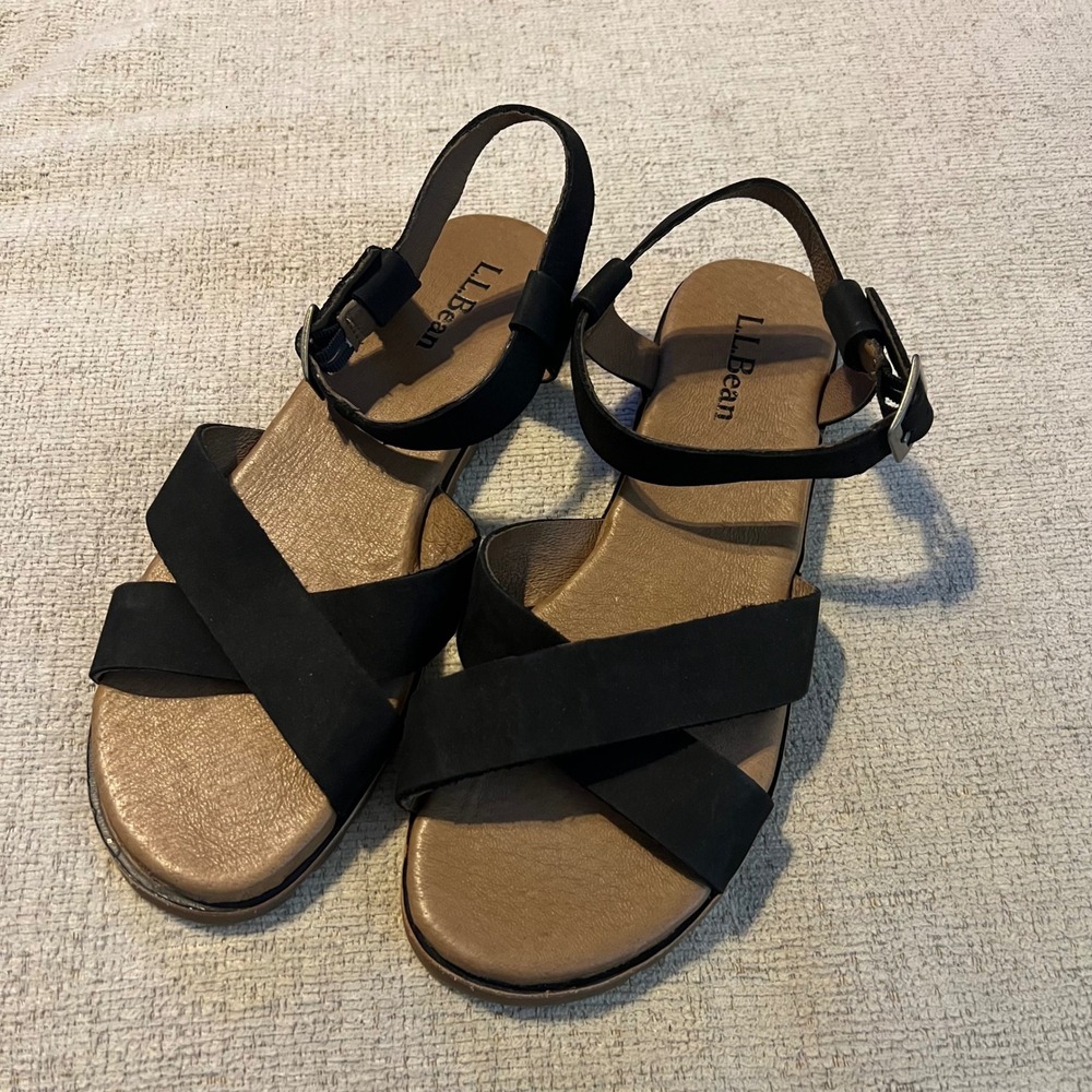 LL Bean Women's Black Leather Crisscross Ankle Strap Sandals 512221 Size‎ 11 M